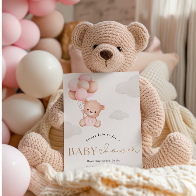 Fille Ours avec ballons Baby shower Invitation (Créateur téléchargé)