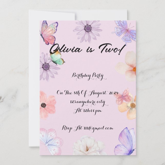 Fille papillon florale invitation anniversaire fil (Devant)