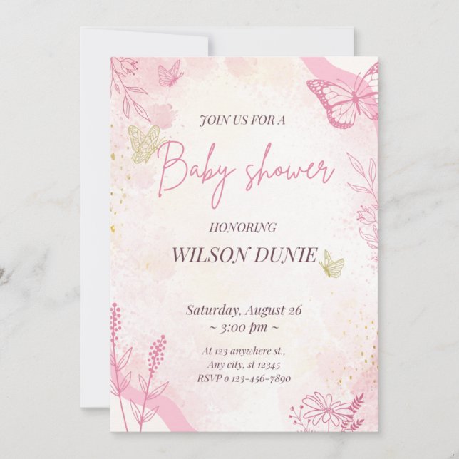 Fille papillon rose Floral Invitation Baby shower (Devant)