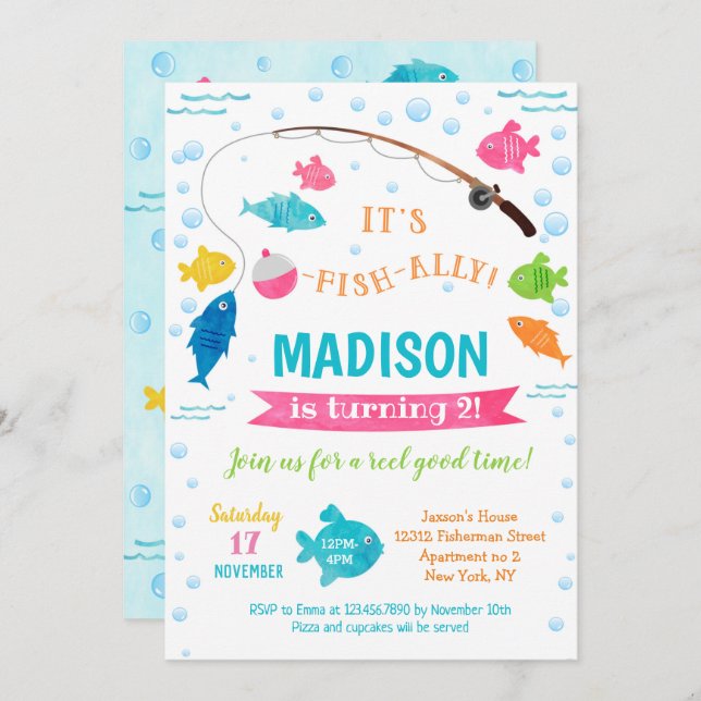 Fille Pêche Invitations Anniversaire 2e 3e 4e (Devant / Derrière)