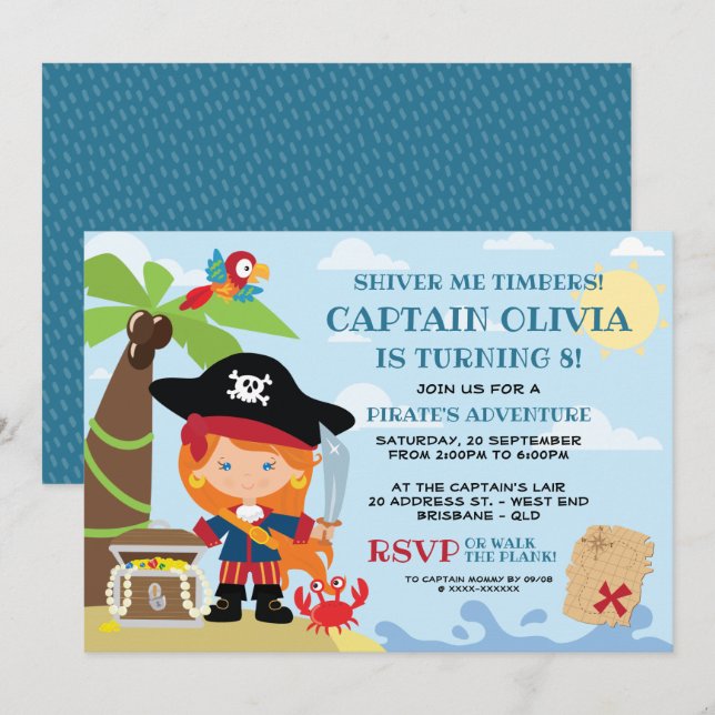 Fille Pirate Fête Invitations Anniversaire (Devant / Derrière)