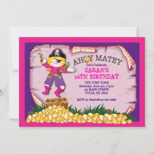 Fille Pirate trésor coffre Anniversaire Invitation