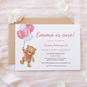 Fille rose Bearly First Birthday Invitation