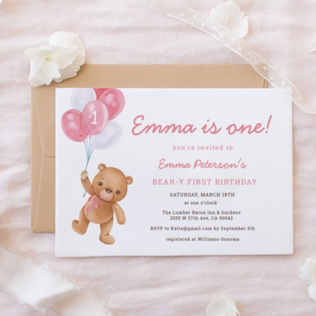 Fille rose Bearly First Birthday Invitation (Créateur téléchargé)