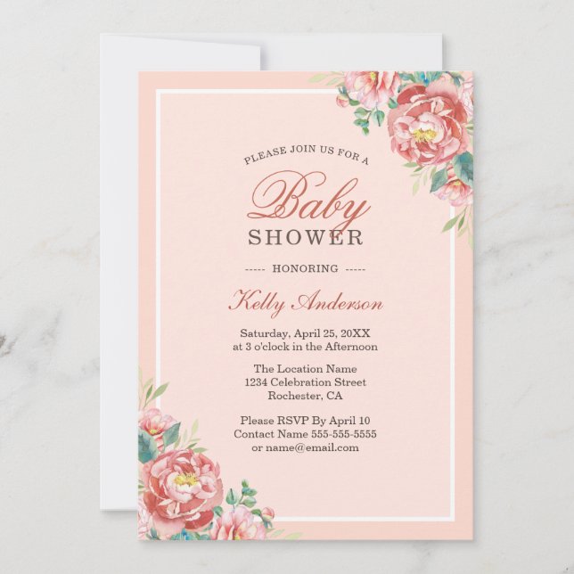 Fille rose Floral Baby Shower Invitations (Devant)