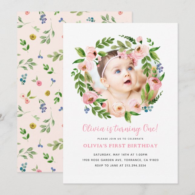 Fille rose florale 1er anniversaire Invitations |  (Devant / Derrière)