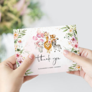 Fille Safari animaux baby shower carte de remercie