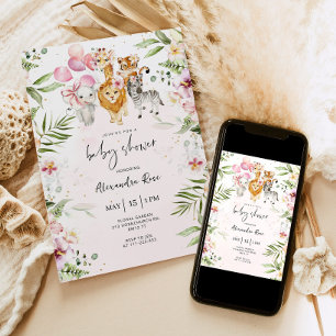 Fille Safari animaux baby shower Invitation