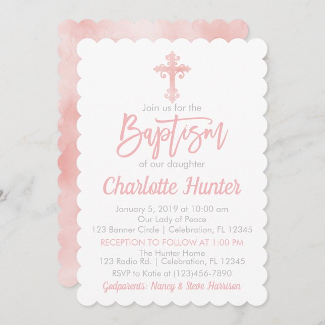 Fille Simple Élégance Pink Baptism Invitation (Devant / Derrière)