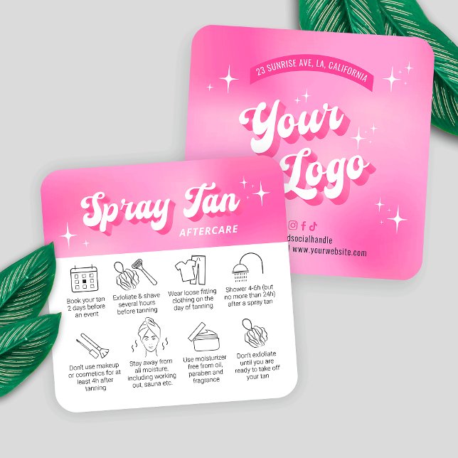Fille tendance rose Super Spray Tan Cartes de soin (Trendy spray tanning care cards with icons, featuring girly pink design, care icons & retro fonts)