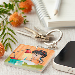 Fille Travaillant À Un Porte - clé De Bureau