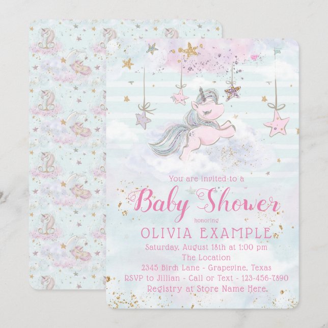 Fille Unicorn Baby Shower Invitations (Devant / Derrière)