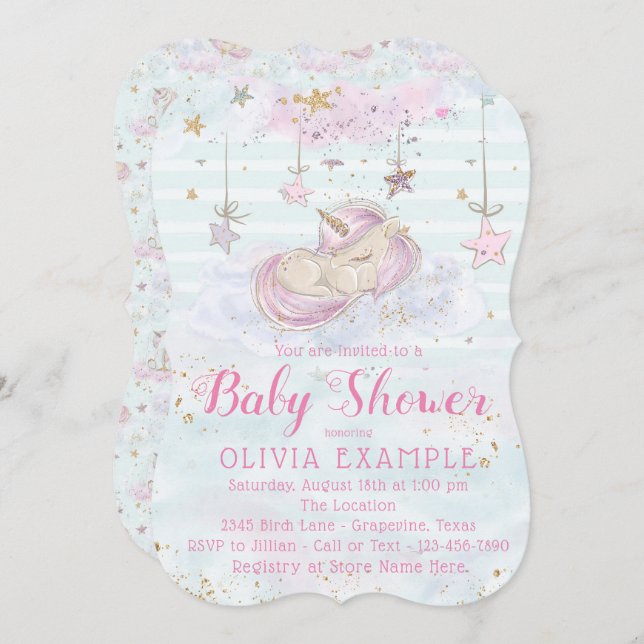 Fille Unicorn Baby Shower Invitations (Devant / Derrière)