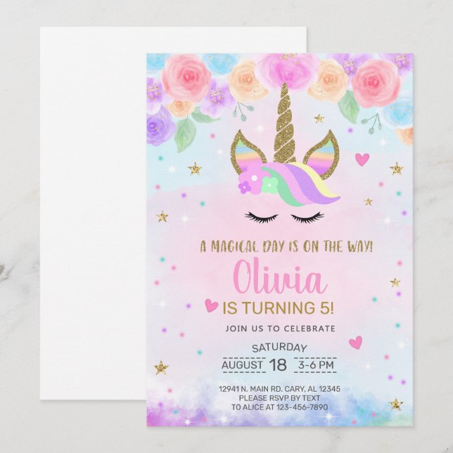 Fille Unicorne aquarelle et invitation d'anniversa (Devant / Derrière)