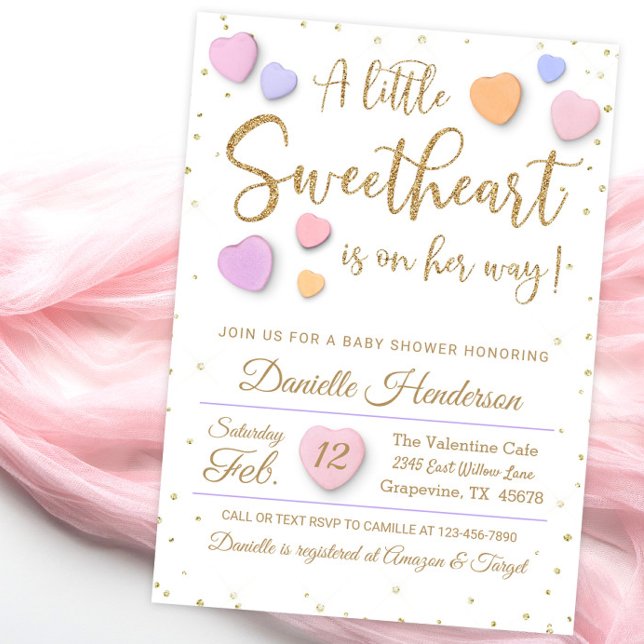 Fille Valentine Coeur Bébé Douche Invitations (Girl Valentine baby shower invitation with cute candy hearts. )