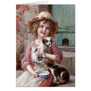 Fille vintage avec le chiot et le chaton,