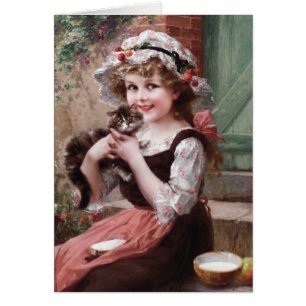 Fille vintage et son chaton,