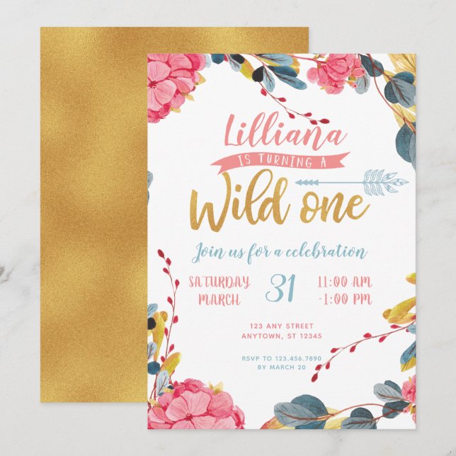 Fille Wild One Boho Floral Premier Invitation d'an (Devant / Derrière)