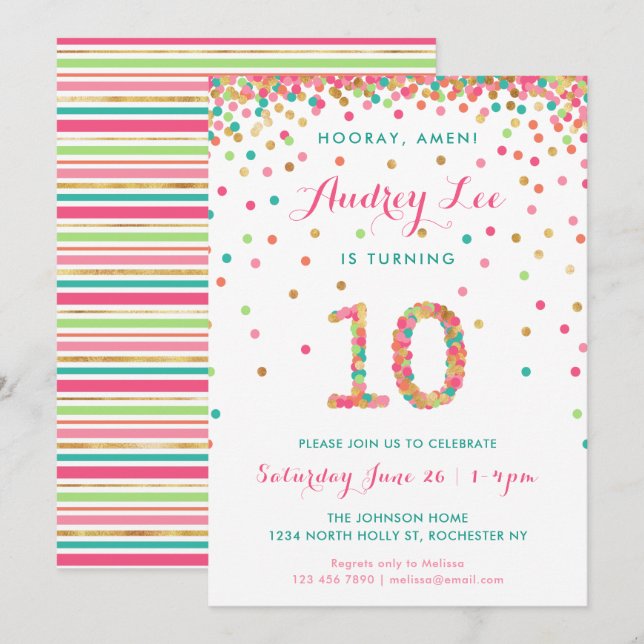 Filles 10e anniversaire Invitation fête d'annivers (Devant / Derrière)