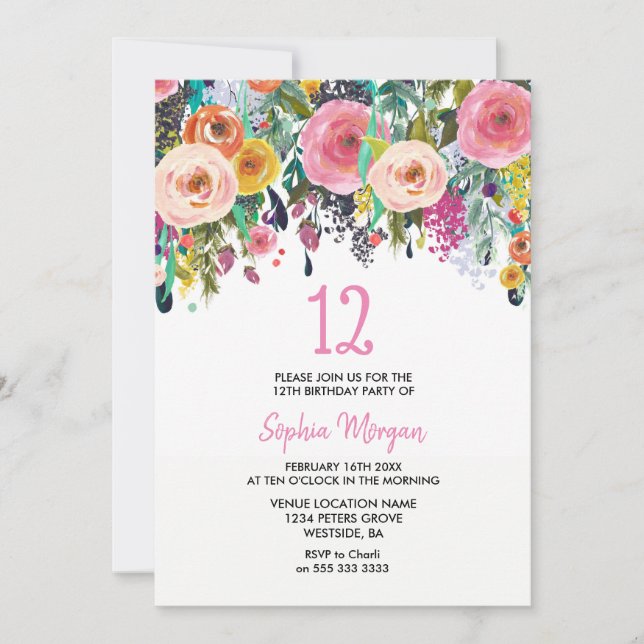Filles 12e anniversaire Invitation Fleurs roses (Devant)
