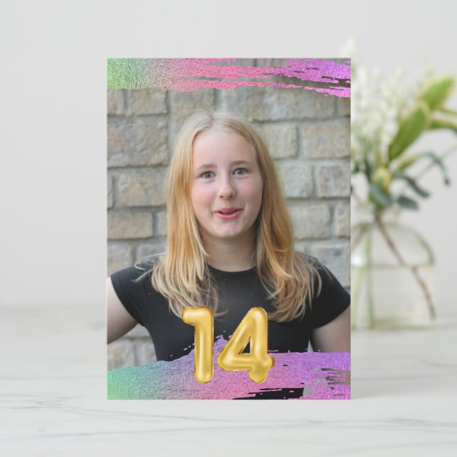 Filles 14e anniversaire Balloon Invitation photo (Debout devant)