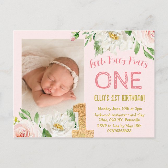 Filles 1er anniversaire Invitation photo, jolie ON (Devant)