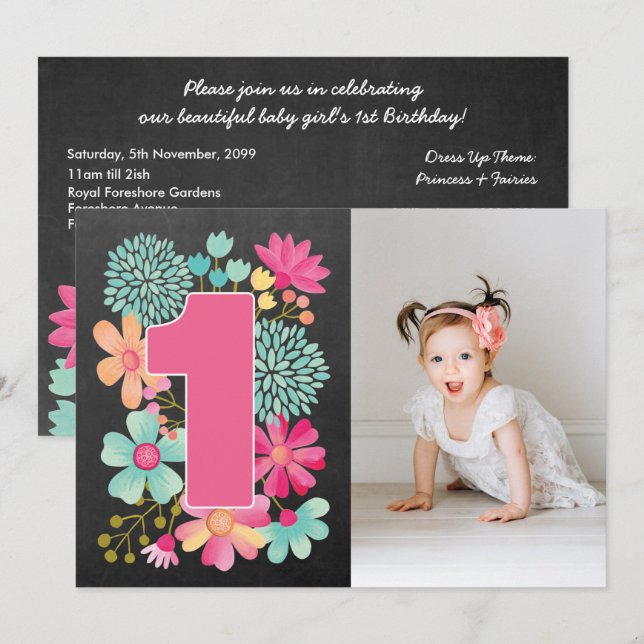 Filles 1er Anniversaire Jolie Numéro 1 Invitation  (Devant / Derrière)