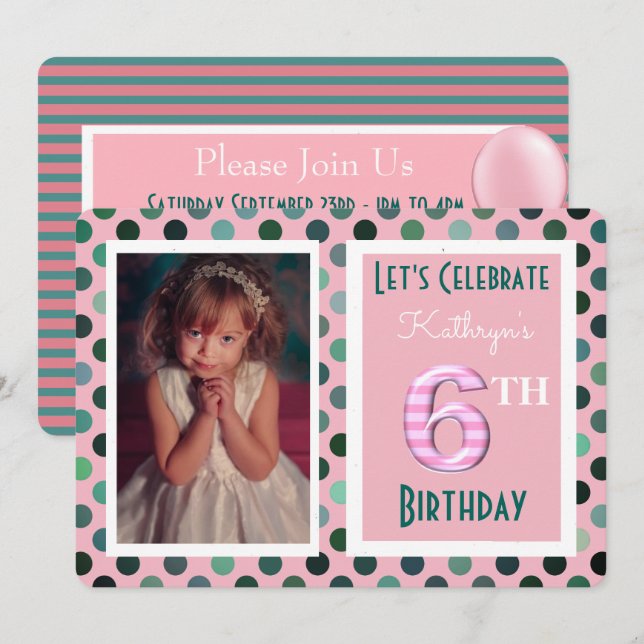 Filles 6e anniversaire Invitation de fête (Devant / Derrière)