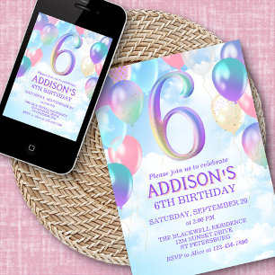 Filles 6e anniversaire Rainbow Balloons Invitation