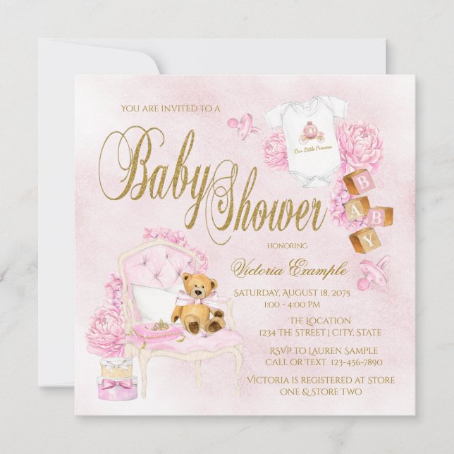 Filles Aquarelle rose Or Bébé Douche Invitations (Devant)
