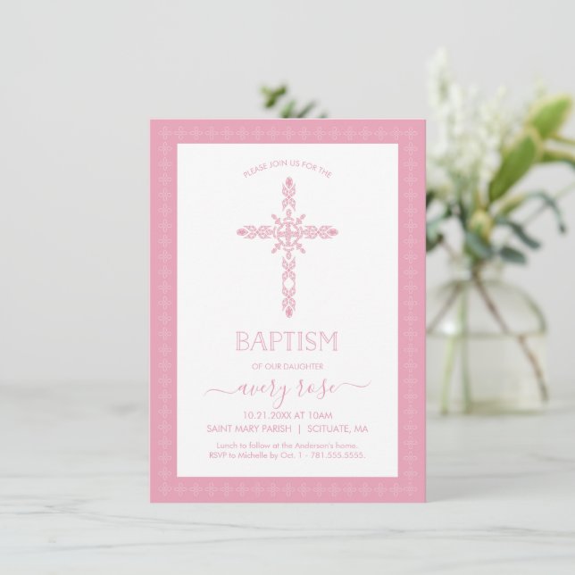 Filles Baptême, Invitation Christening avec Croix (Debout devant)