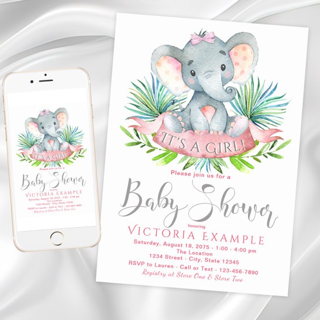 Filles bébé éléphant bébé douche Invitations (Girl elephant baby shower invitation with adorable baby elephant with bow. Digital and printed.)