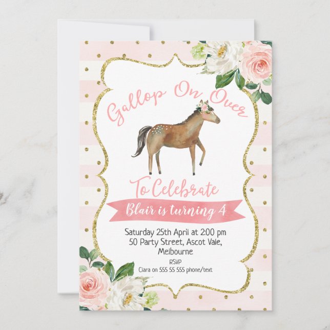 Filles Cheval Floral Invitation Anniversaire (Devant)