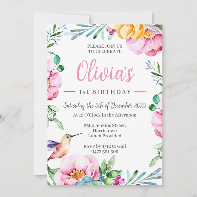Filles colibri Invitation fête d'anniversaire rose (Devant)