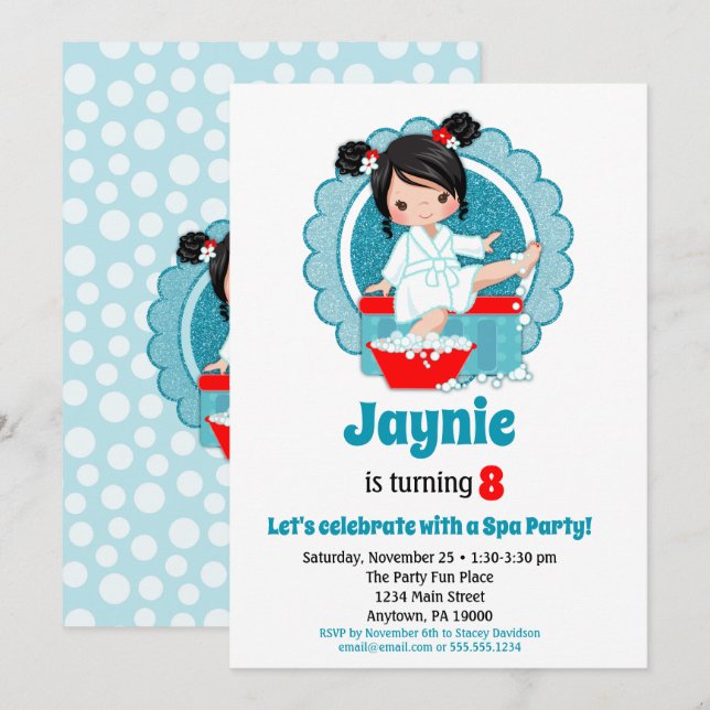 Filles de la fête Spa des cheveux noirs Invitation (Devant / Derrière)