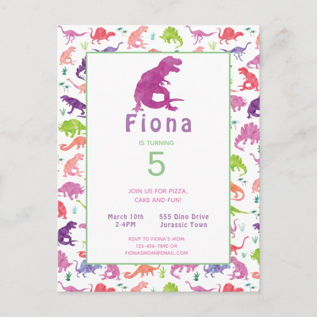 Filles Dinosaur Anniversaire Carte postale Invitat (Devant)