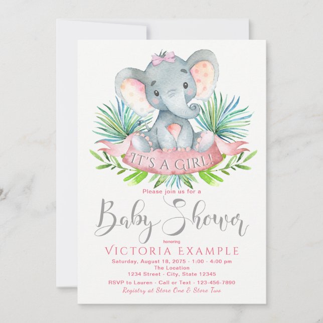 Filles Eléphant Baby Shower Invitations (Devant)