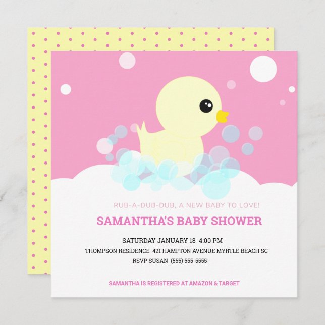 Filles en caoutchouc Ducky Baby Shower Invitations (Devant / Derrière)