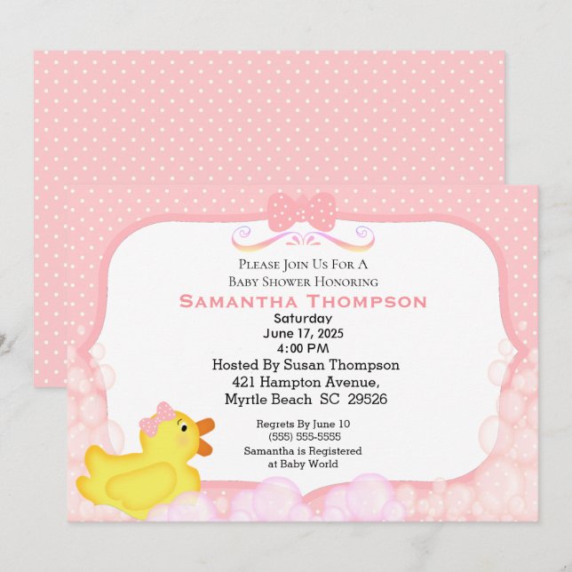 Filles en caoutchouc Ducky Baby Shower Invitations (Devant / Derrière)