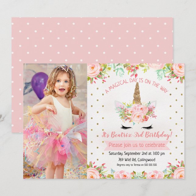 Filles Floral Unicorn Invitation Anniversaire (Devant / Derrière)