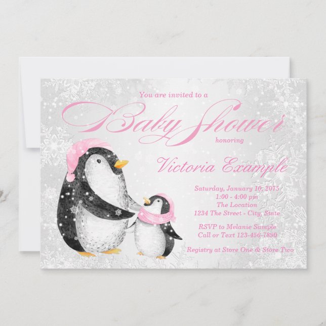 Filles hiver bébé Pengiun Baby shower Invitation (Devant)
