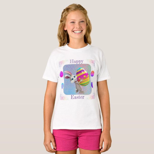 Filles Joyeux T-shirt de Pâques - Lapin de Pâques  (Devant entier)