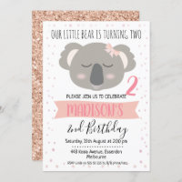 Filles Koala Ours Anniversaire Invitation