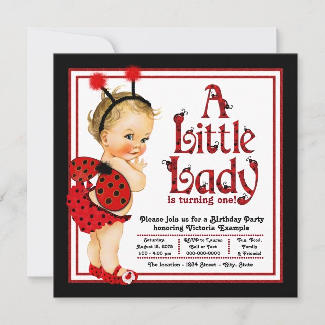 Filles Ladybug 1er Anniversaire Invitations (Devant)