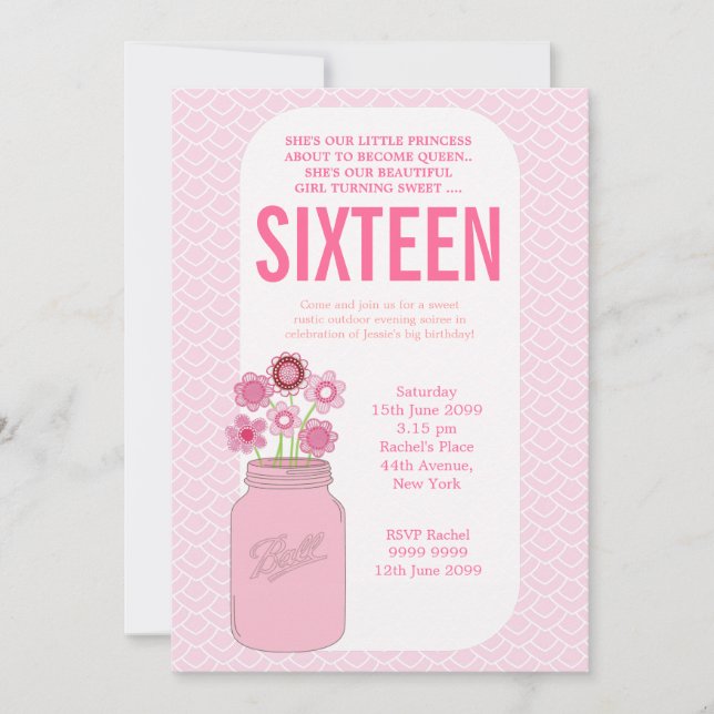 Filles Mason Jar Sweet 16 Invitation de fête d'ann (Devant)