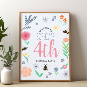 Filles mignonne Abeille florale Affiche de bienven