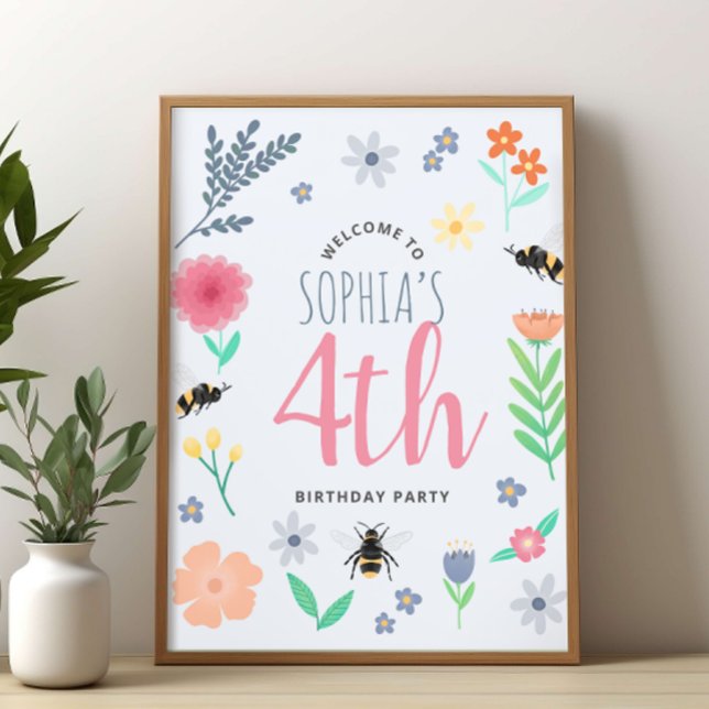 Filles mignonne Abeille florale Affiche de bienven (Créateur téléchargé)