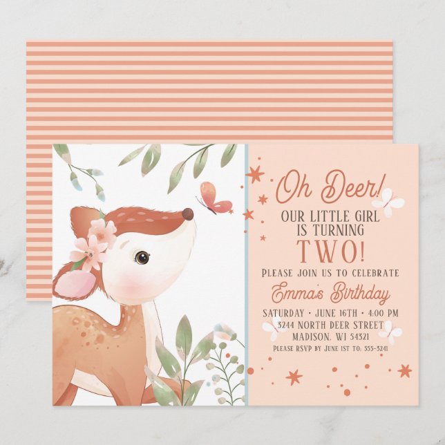Filles Oh Deer Invitation de fête d'anniversaire (Devant / Derrière)