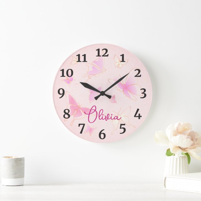 Filles Papillon rose Enfants Nursery Horloge ronde (Maison)