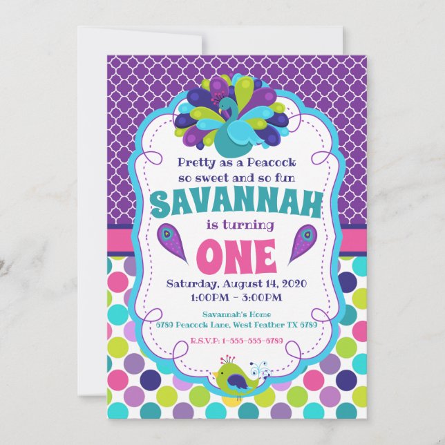 Filles Peacock Anniversaire Fête Invitation (Devant)